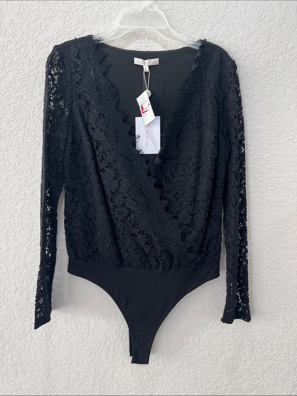 Wayf Black Lace Long-Sleeve Bodysuit
